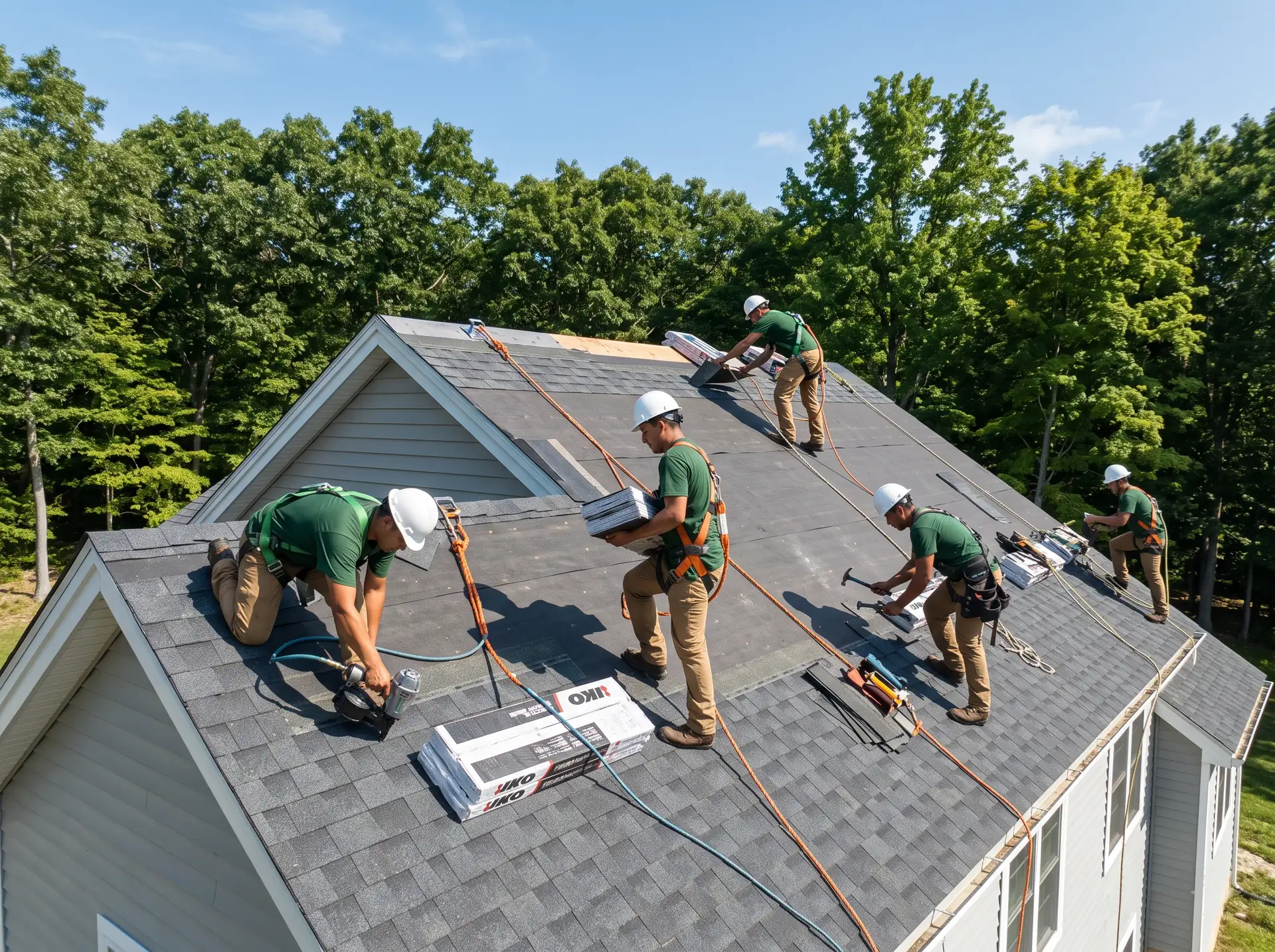 Roofing crew installing shingles on a sloped roof