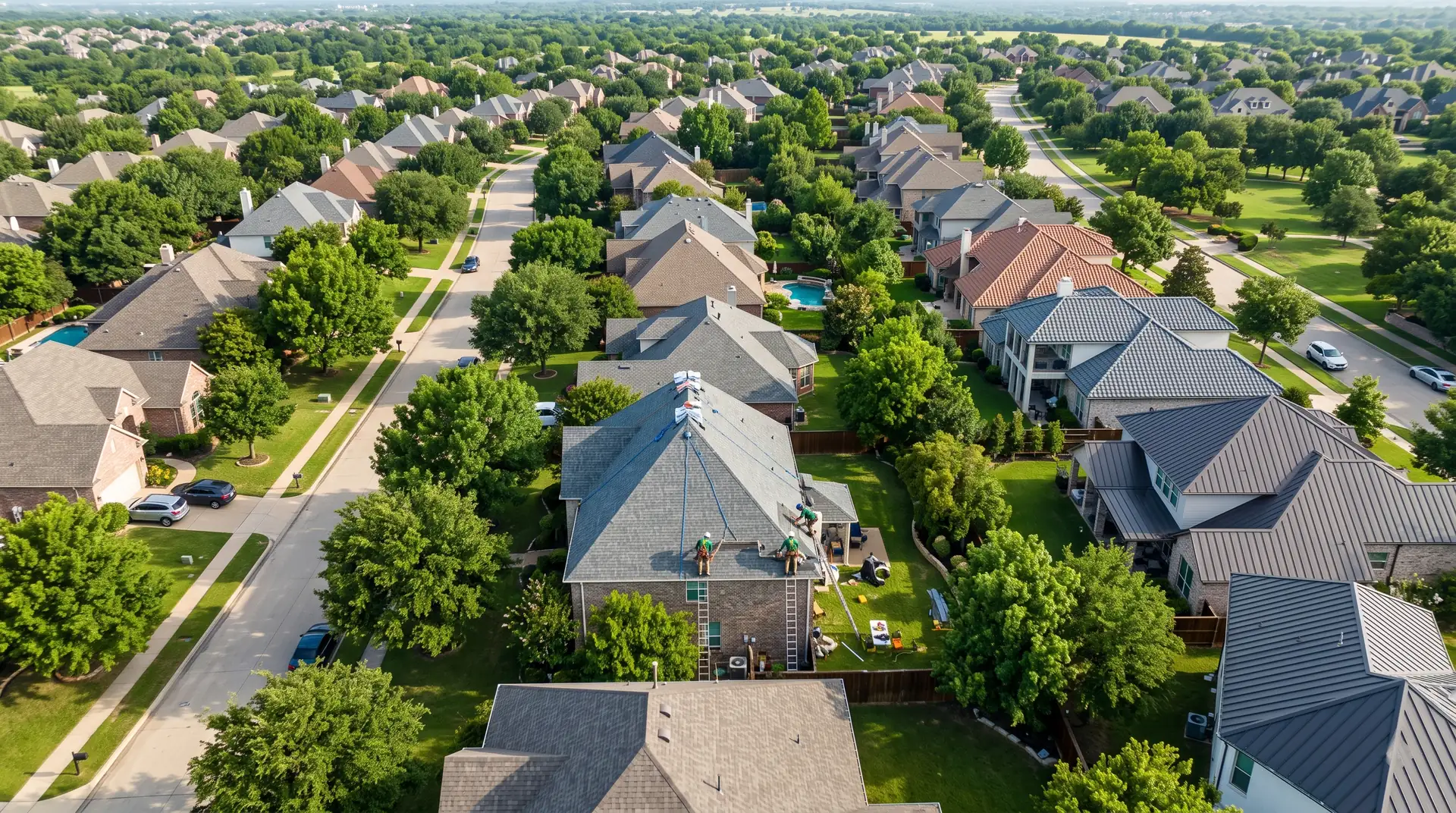 Aerial view of a suburban neighborhood with a roofing crew at work on one of the homes