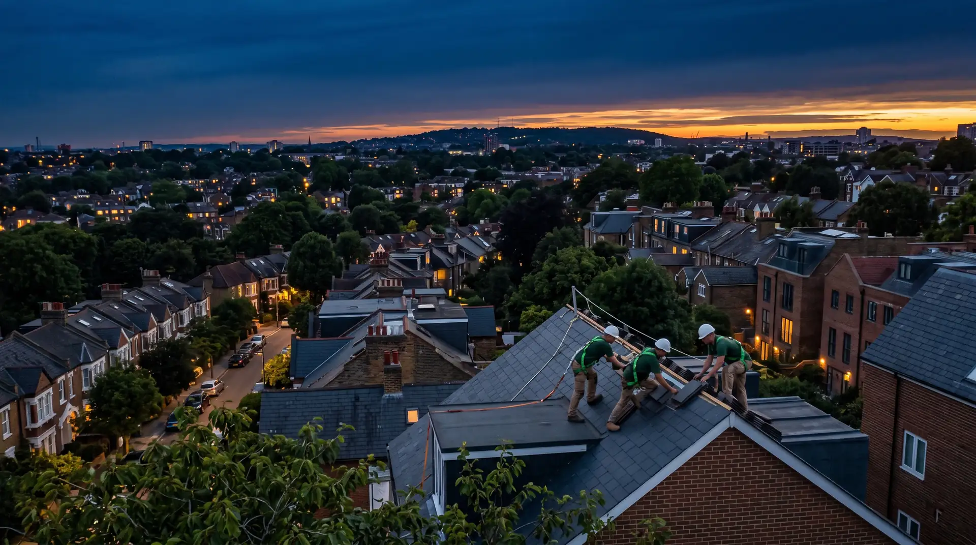 Roofers in hard hats working on a slate roof above a neighborhood at dusk