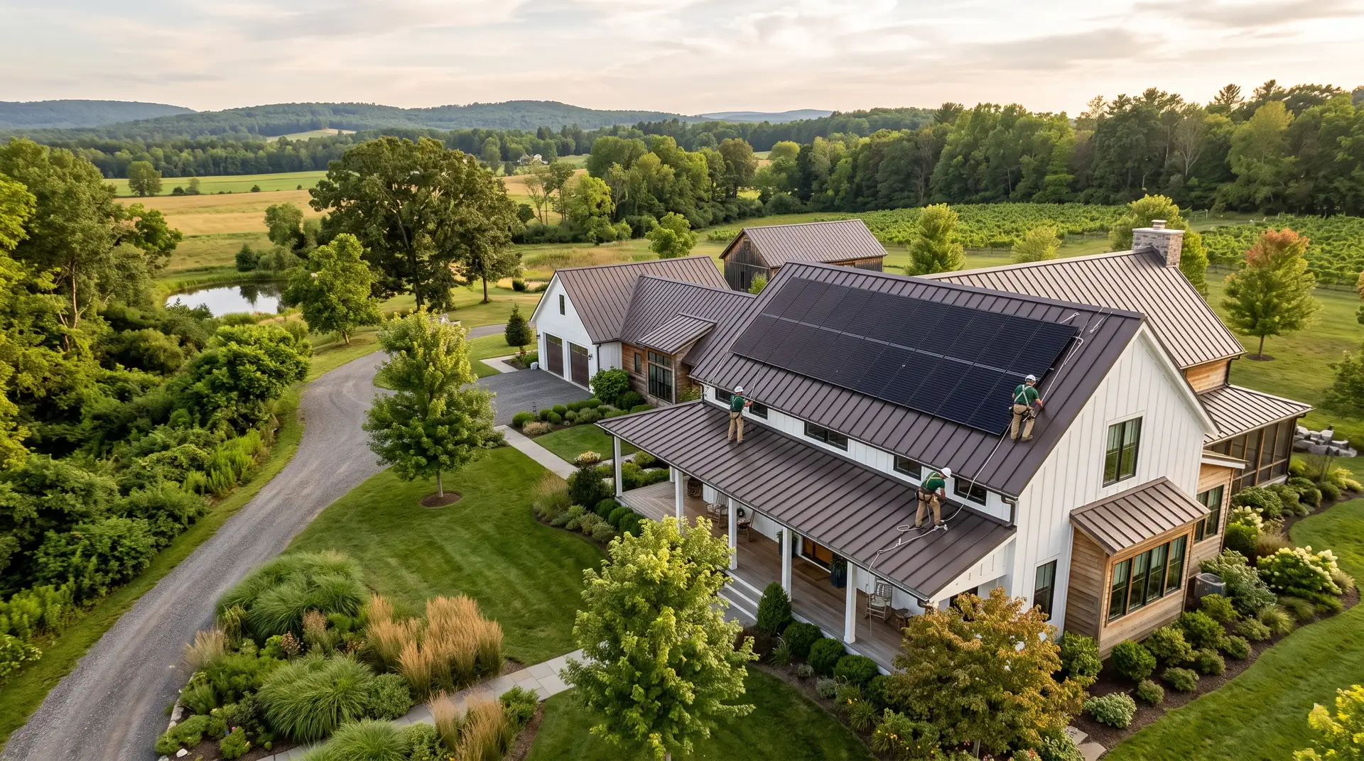 Modern farmhouse with a bronze standing-seam metal roof and solar panels