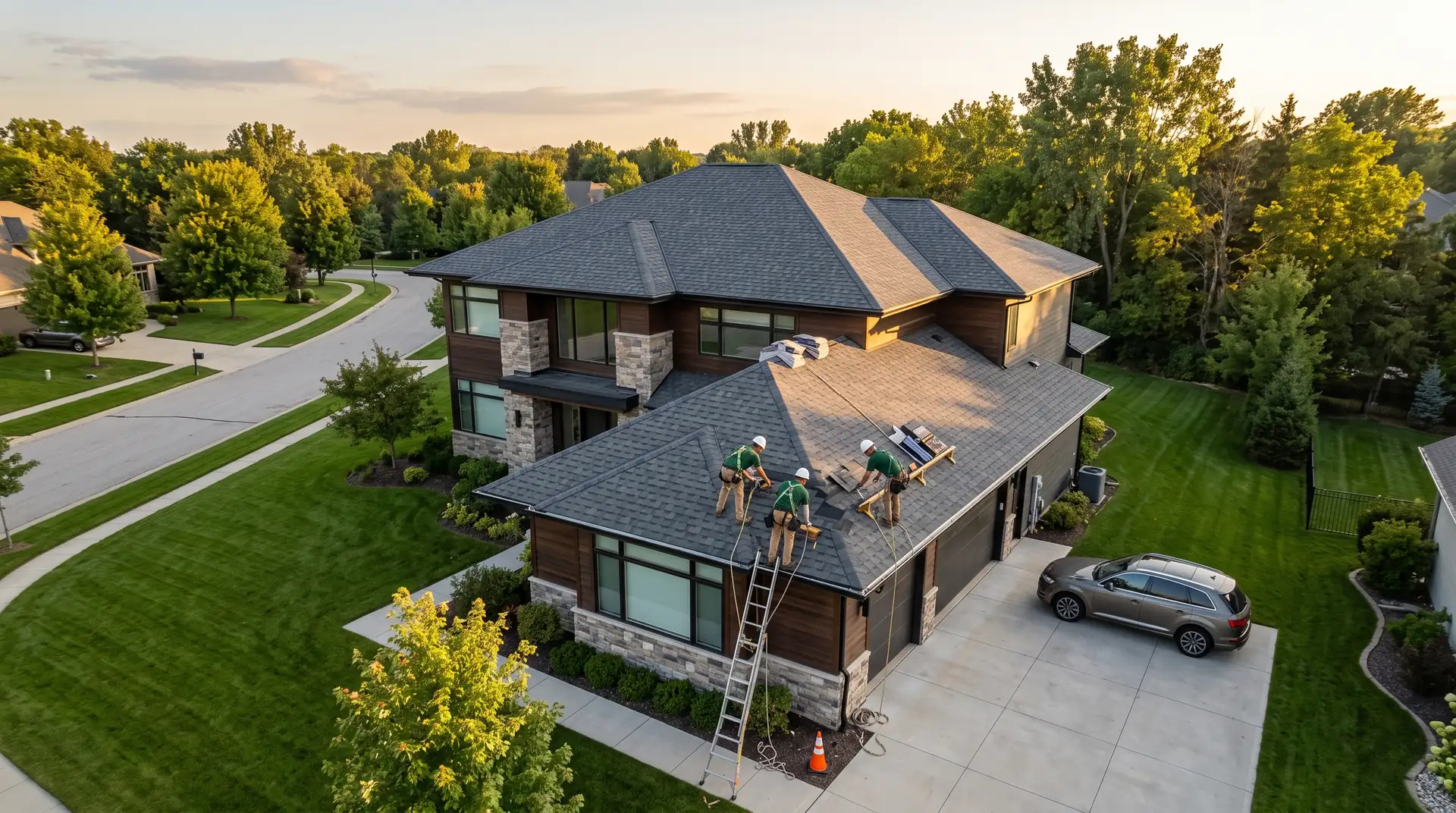 Crew installing a new charcoal shingle roof on a large two-story home