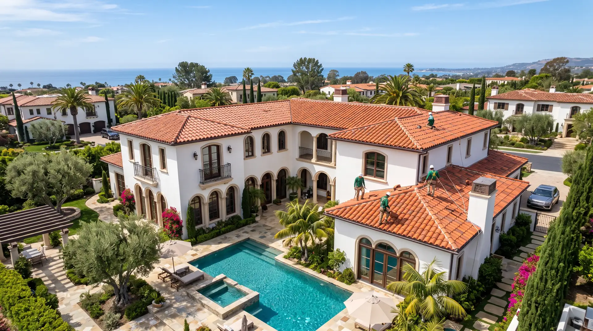 White stucco home with a terracotta clay tile roof and backyard pool