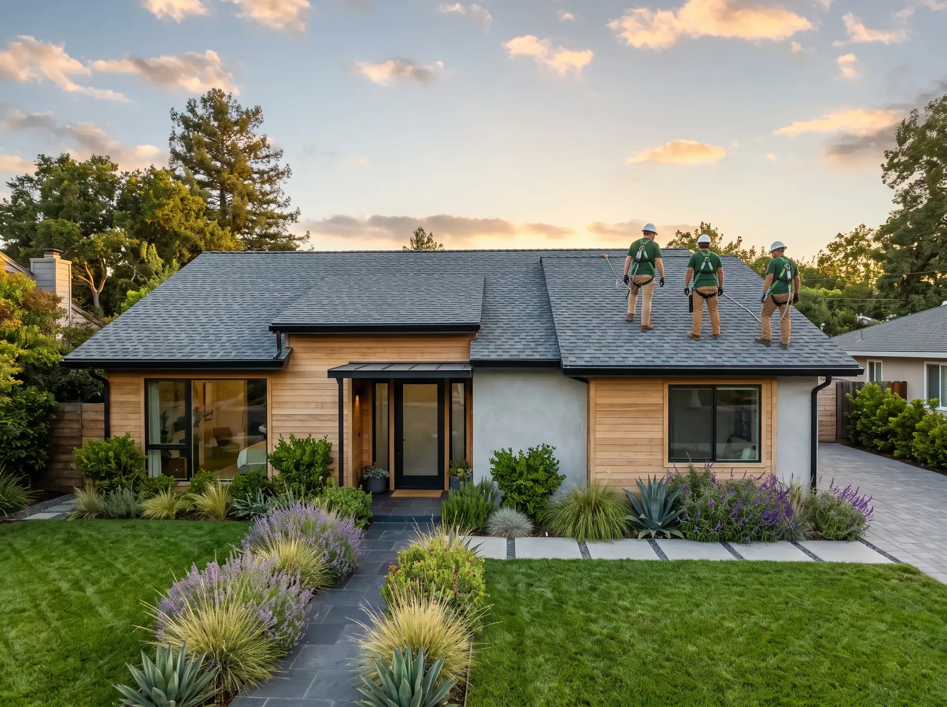 Single-story contemporary home with a slate-grey architectural shingle roof and black gutters