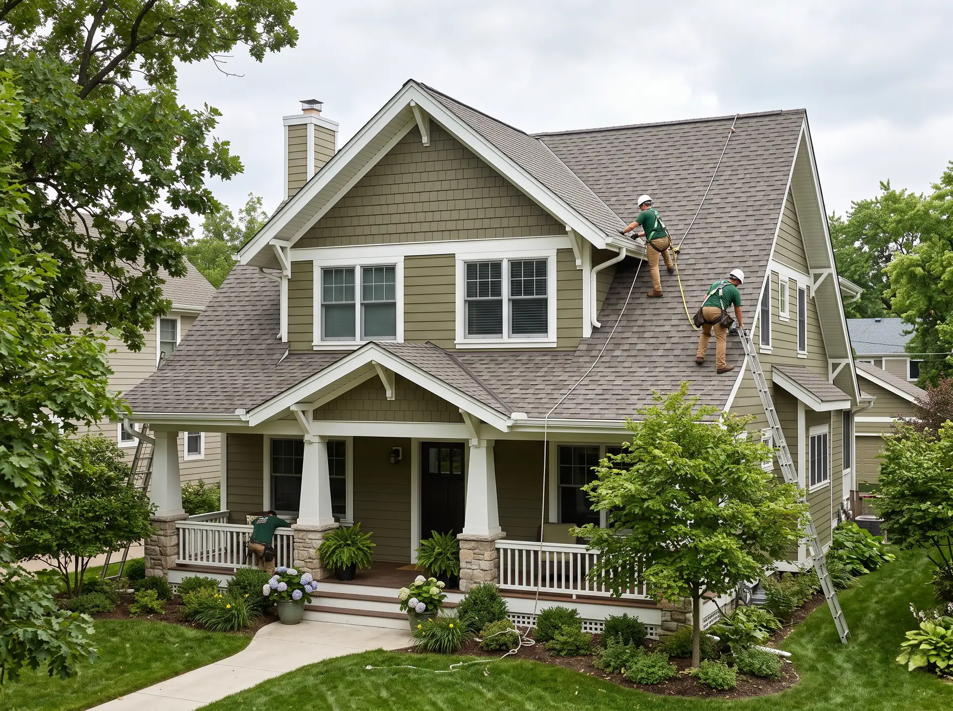 Two-story craftsman home with a weathered-wood shingle roof and covered porch