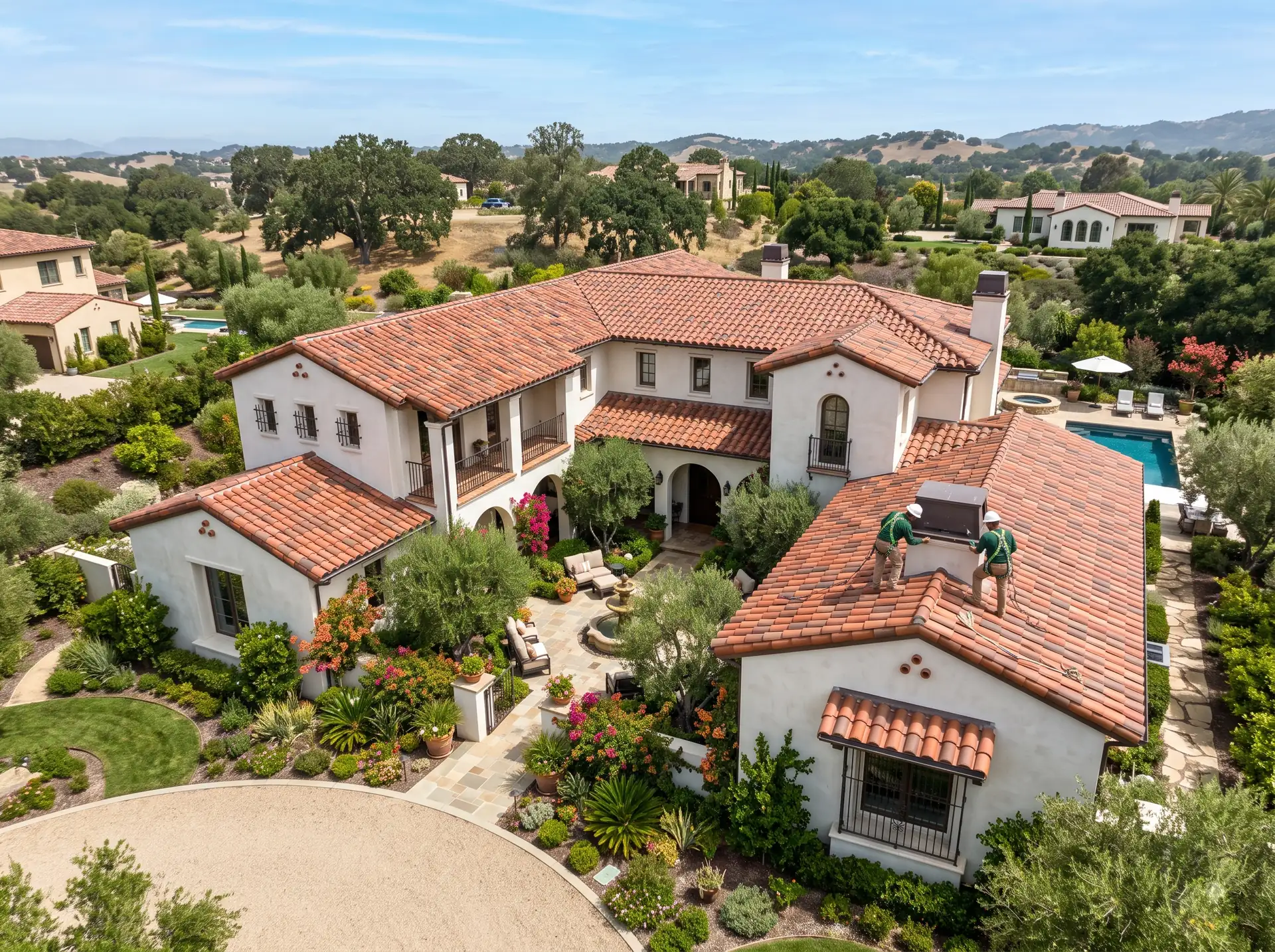 Spanish-style home with a blended clay tile roof and courtyard, seen from a drone