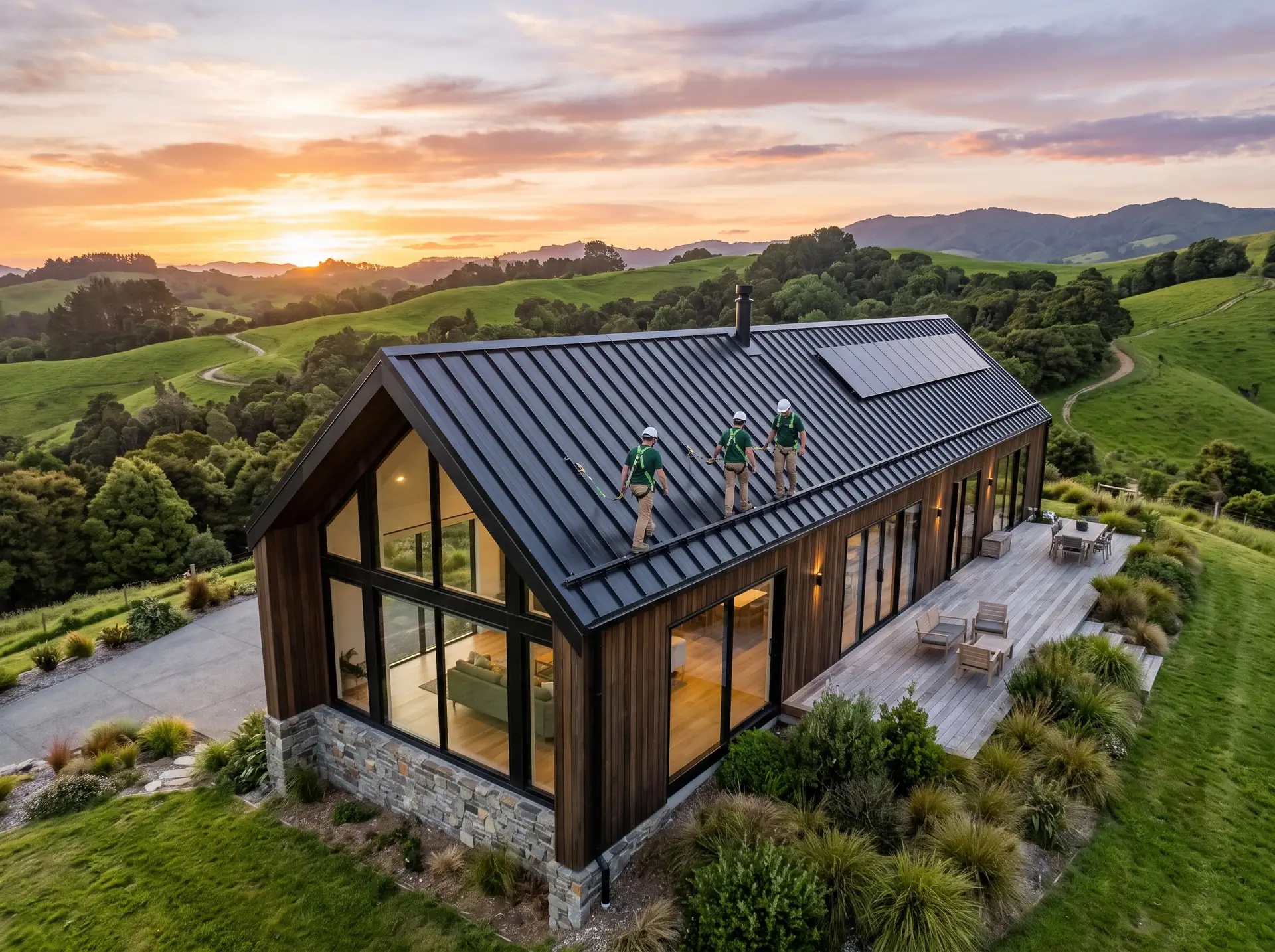 Minimalist home with a black standing-seam metal roof among green hills at sunset
