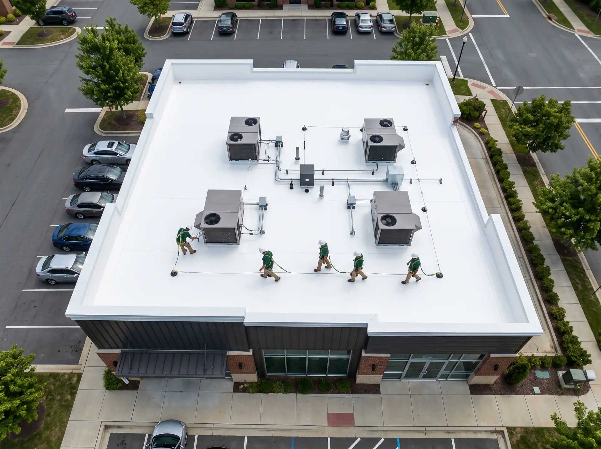 Crew working on the white membrane flat roof of a commercial building, seen from above