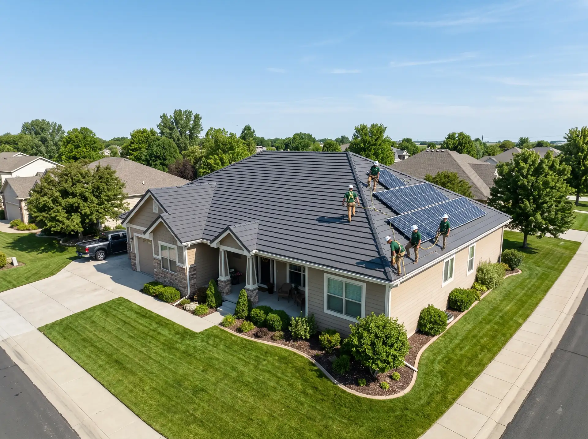 Ranch home with a charcoal concrete tile roof and a row of solar panels