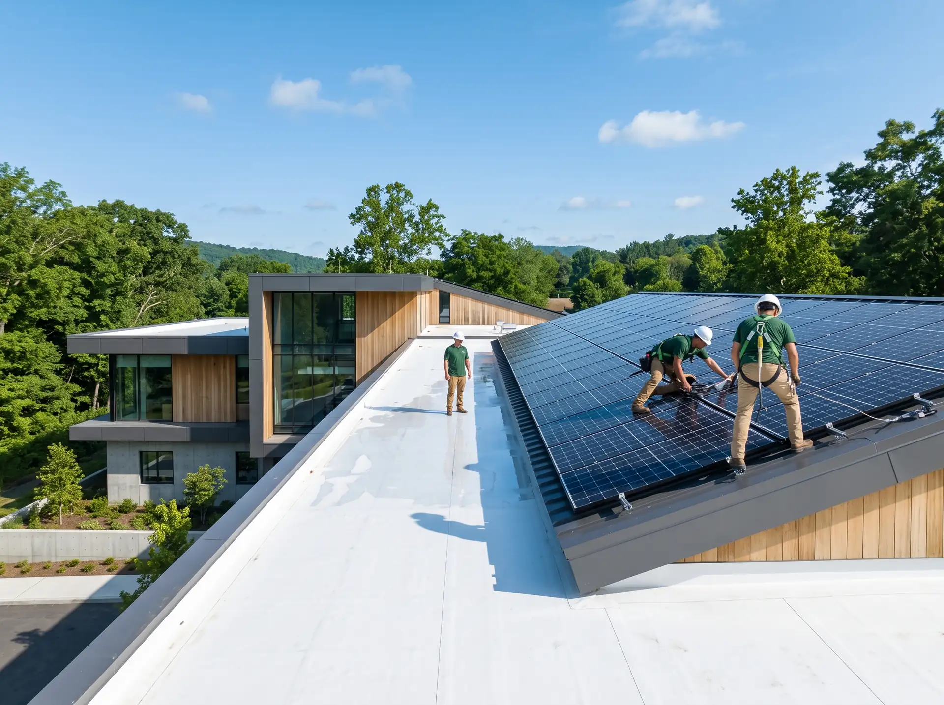Roofers installing solar panels beside a white reflective low-slope roof
