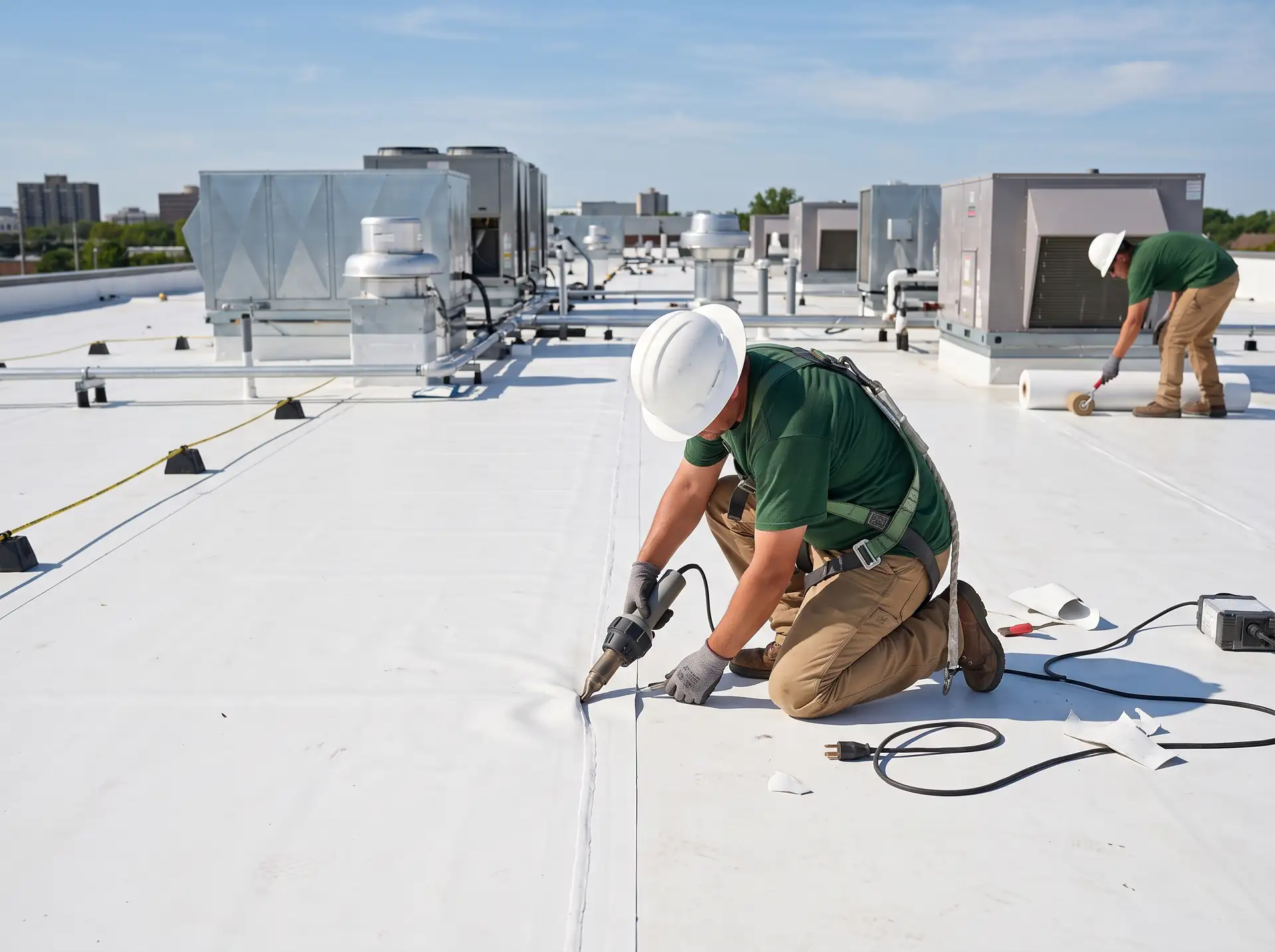 Roofer heat-welding the seam of a white TPO membrane on a flat commercial roof