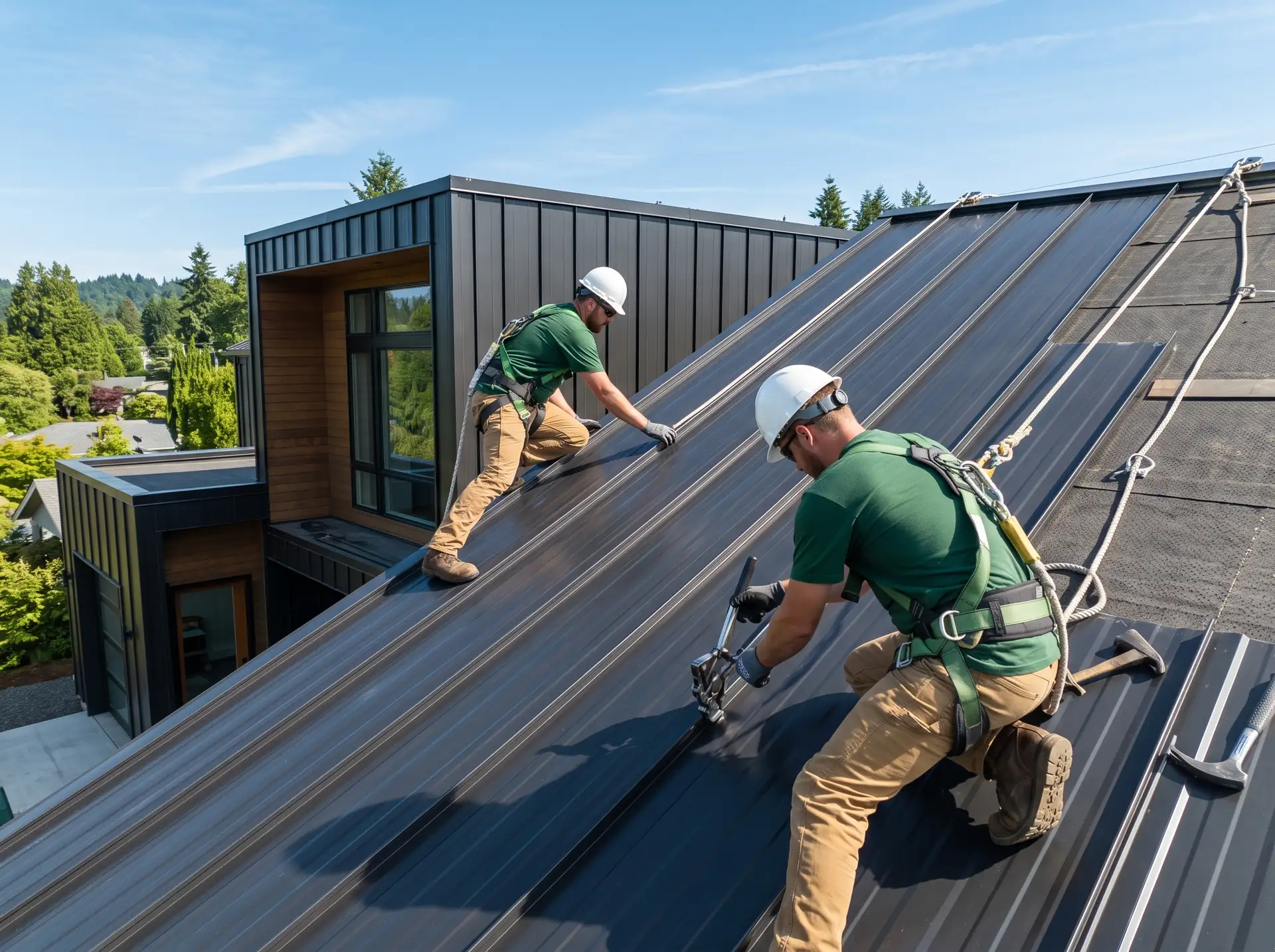 Two roofers in harnesses installing charcoal standing-seam metal roof panels