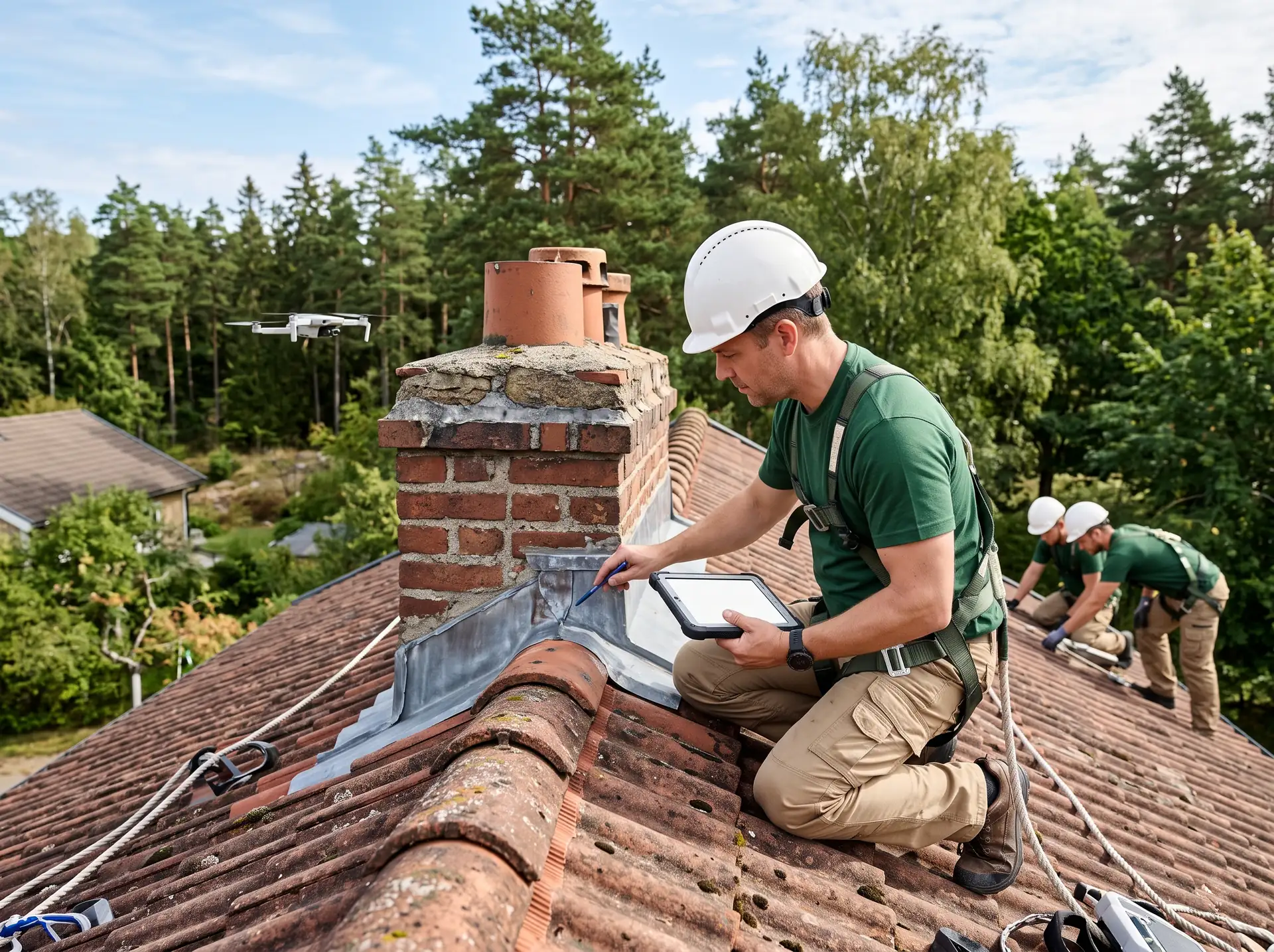 Inspector documenting chimney flashing on a tile roof