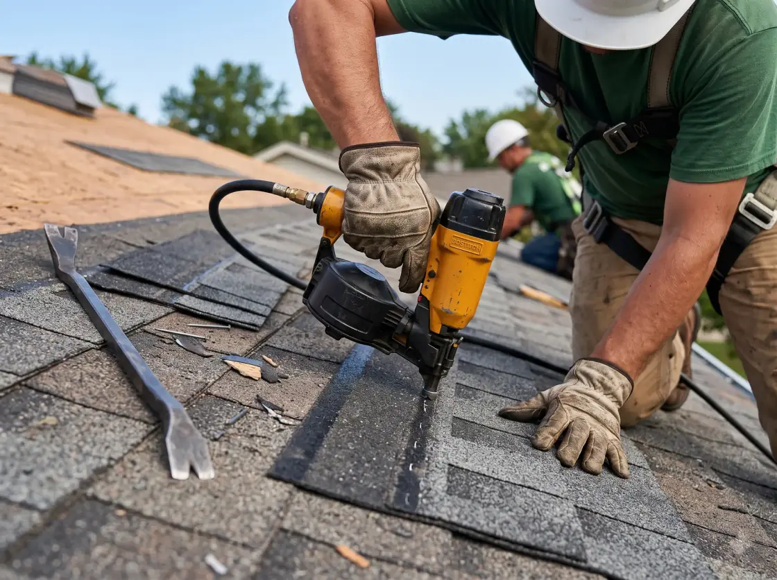Gloved hands fastening a replacement shingle with a nail gun during a roof leak repair