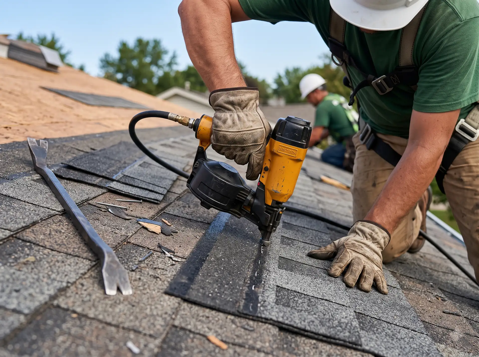 Gloved hands fastening a replacement shingle with a nail gun during a roof leak repair