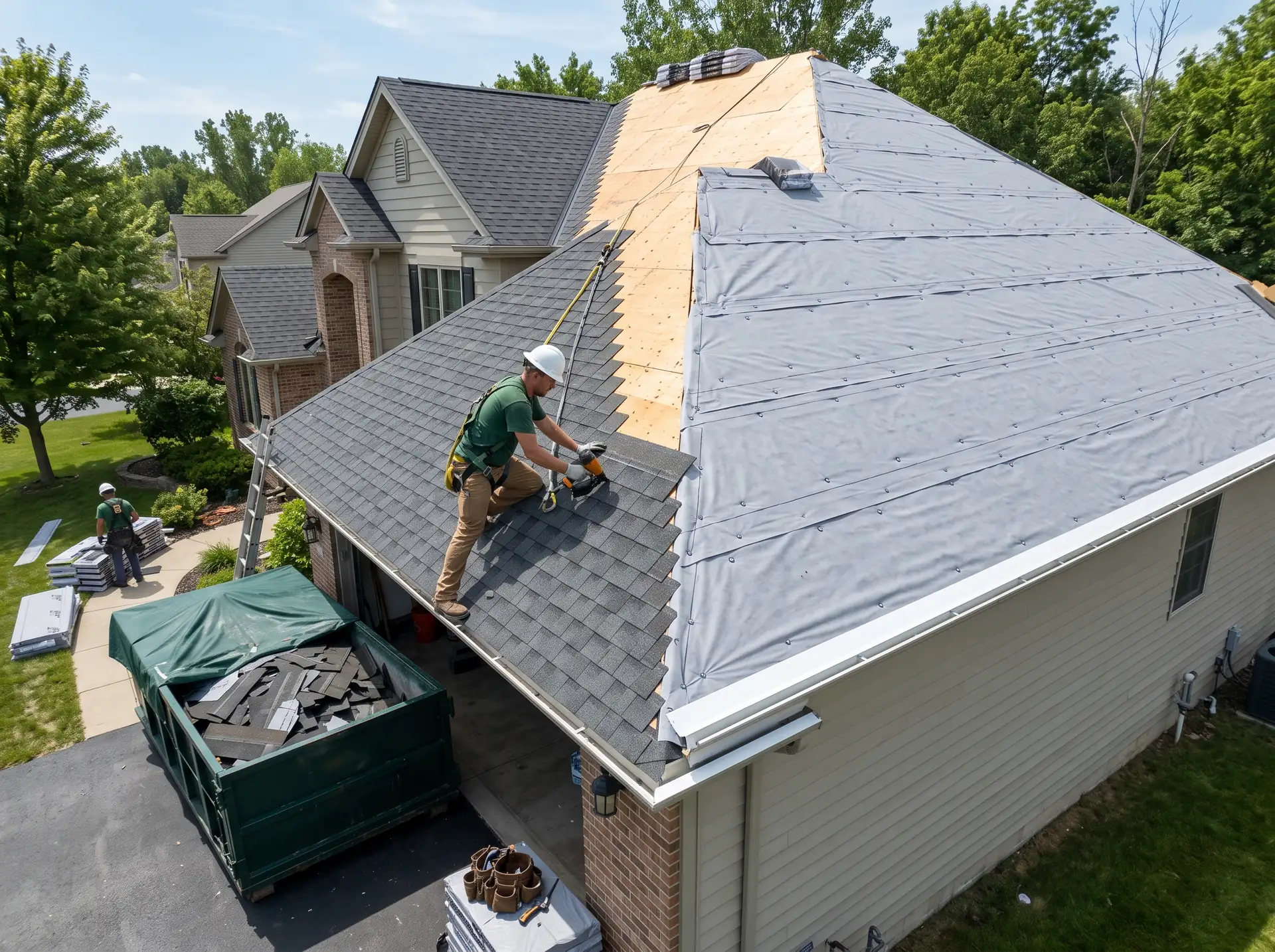 Roofer laying new charcoal shingles over fresh synthetic underlayment during a full roof replacement