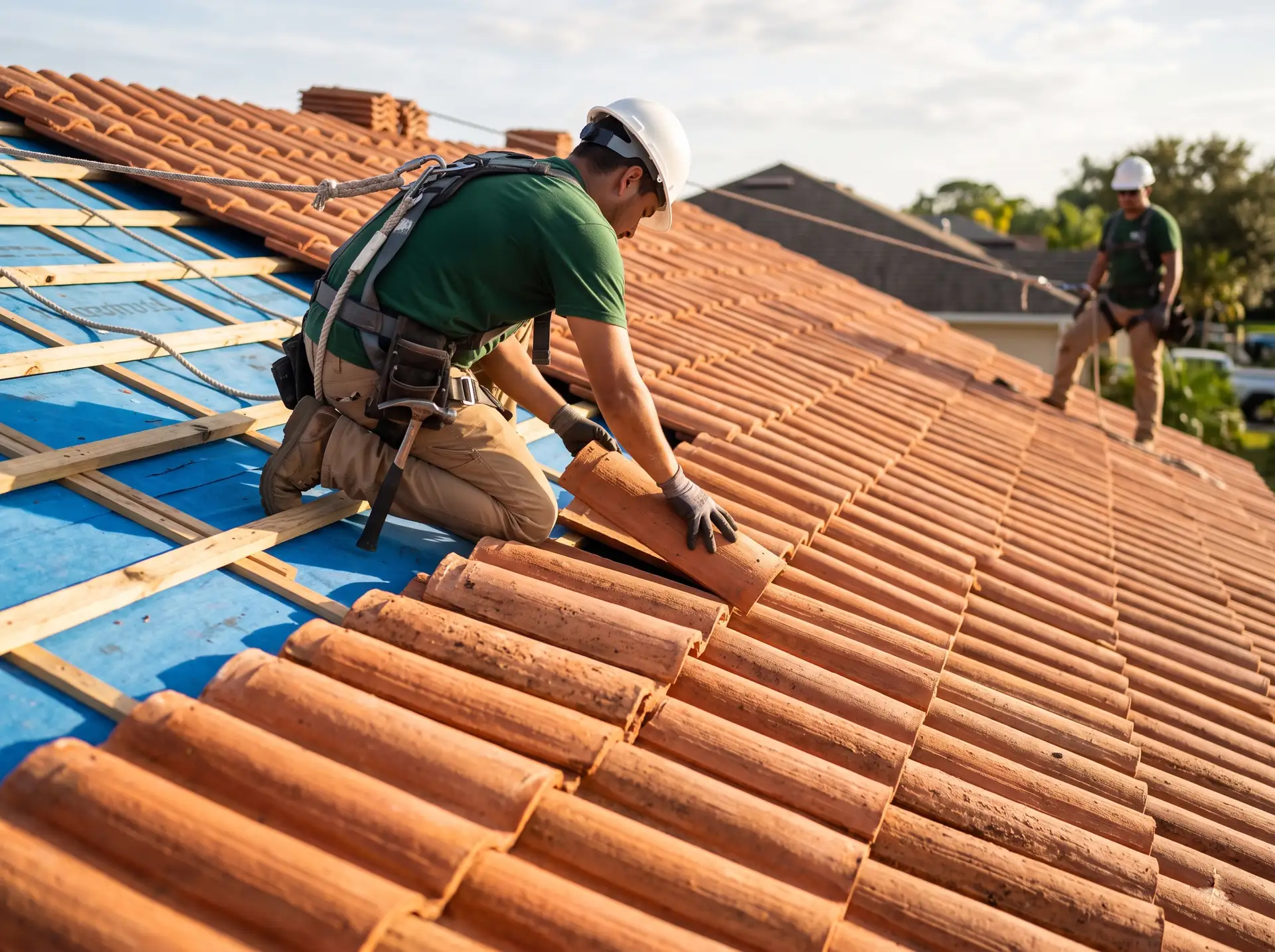 Roofer setting terracotta clay tiles in rows on battens over new underlayment