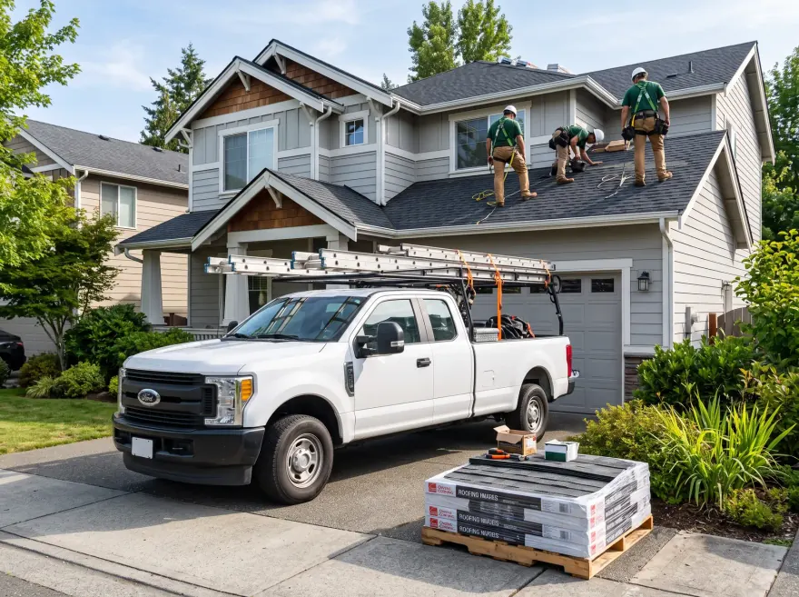 Work truck with ladders and roofing materials in front of a home
